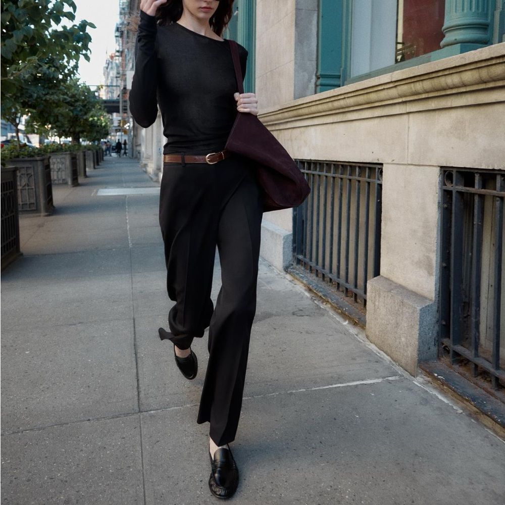 Zara Straight Trouser with Brown Belt Black Large NWT